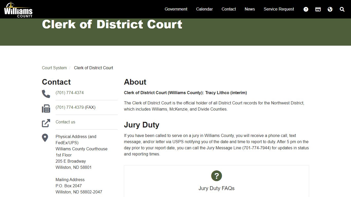 Clerk of District Court - Williams County, ND