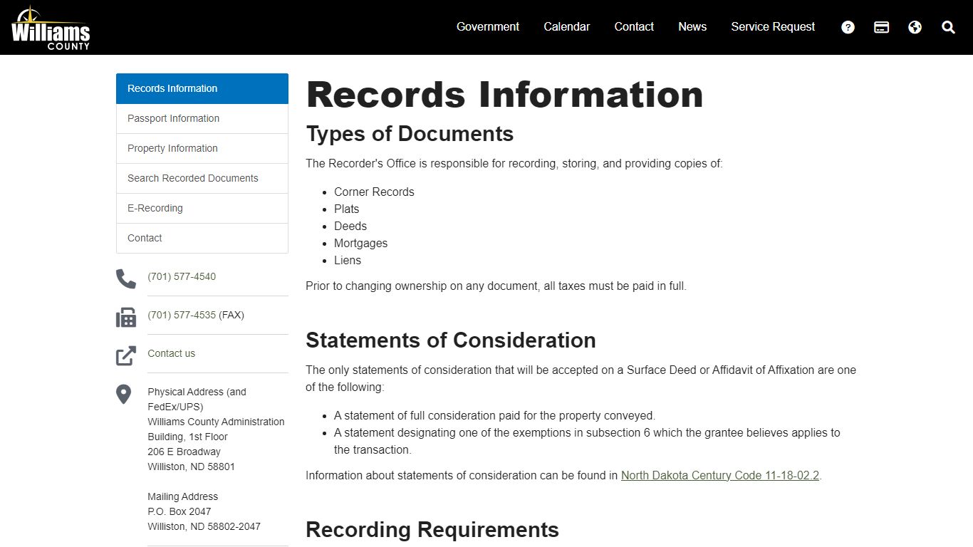 Records Information - Williams County, ND